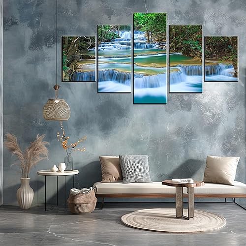 Miniatura 6 de SZ - Lienzo decorativo para pared en cascada para sala de estar, 5 piezas de impresiones de estanque relajante en bosque tropical (montaje con