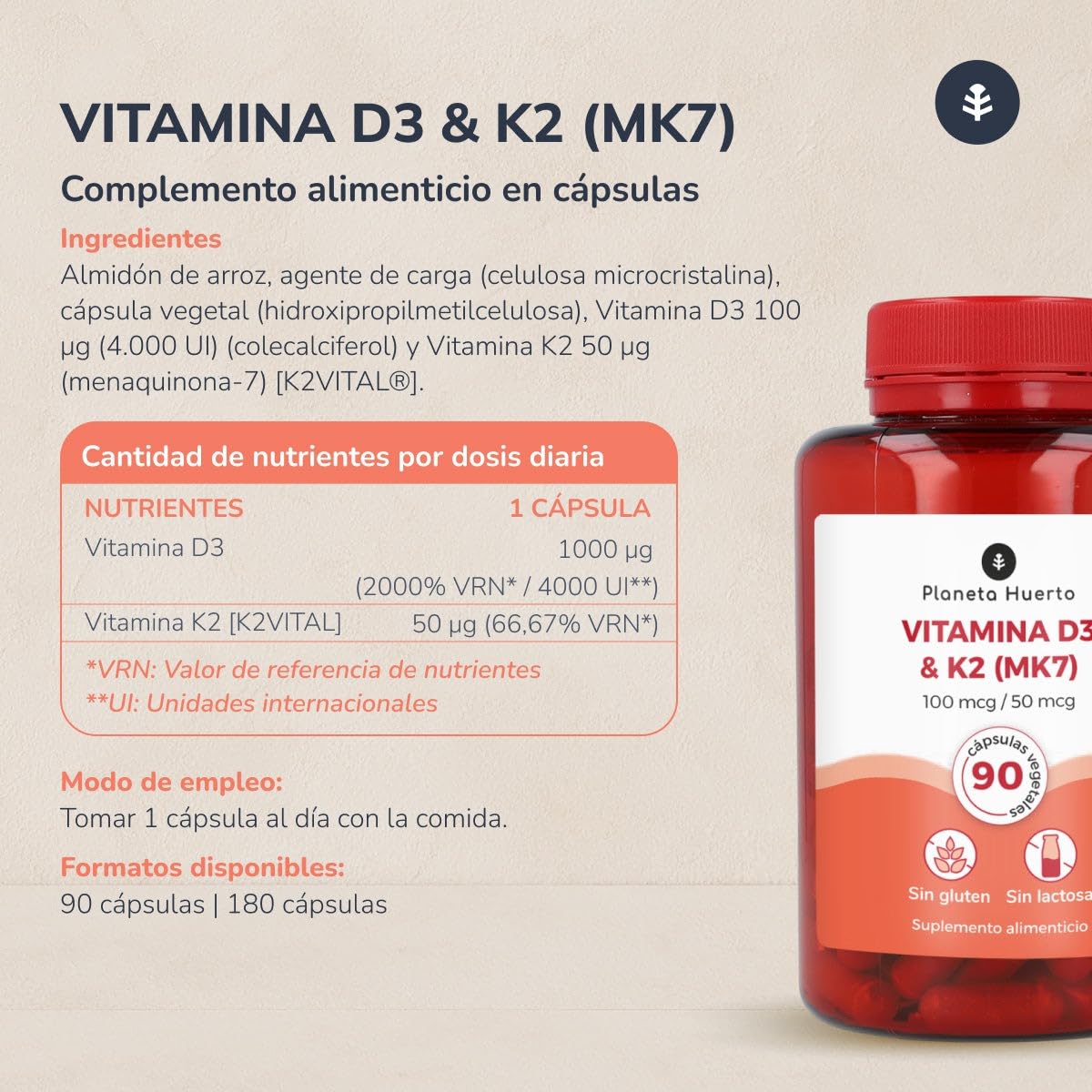PLANETA HUERTO | Pack 3x Vitamina D3 4000 UI & K2 MK7 180 Cápsulas – Vitamina Suplemento para Huesos Fuertes, Absorción de Calcio y Salud Cardiovascular