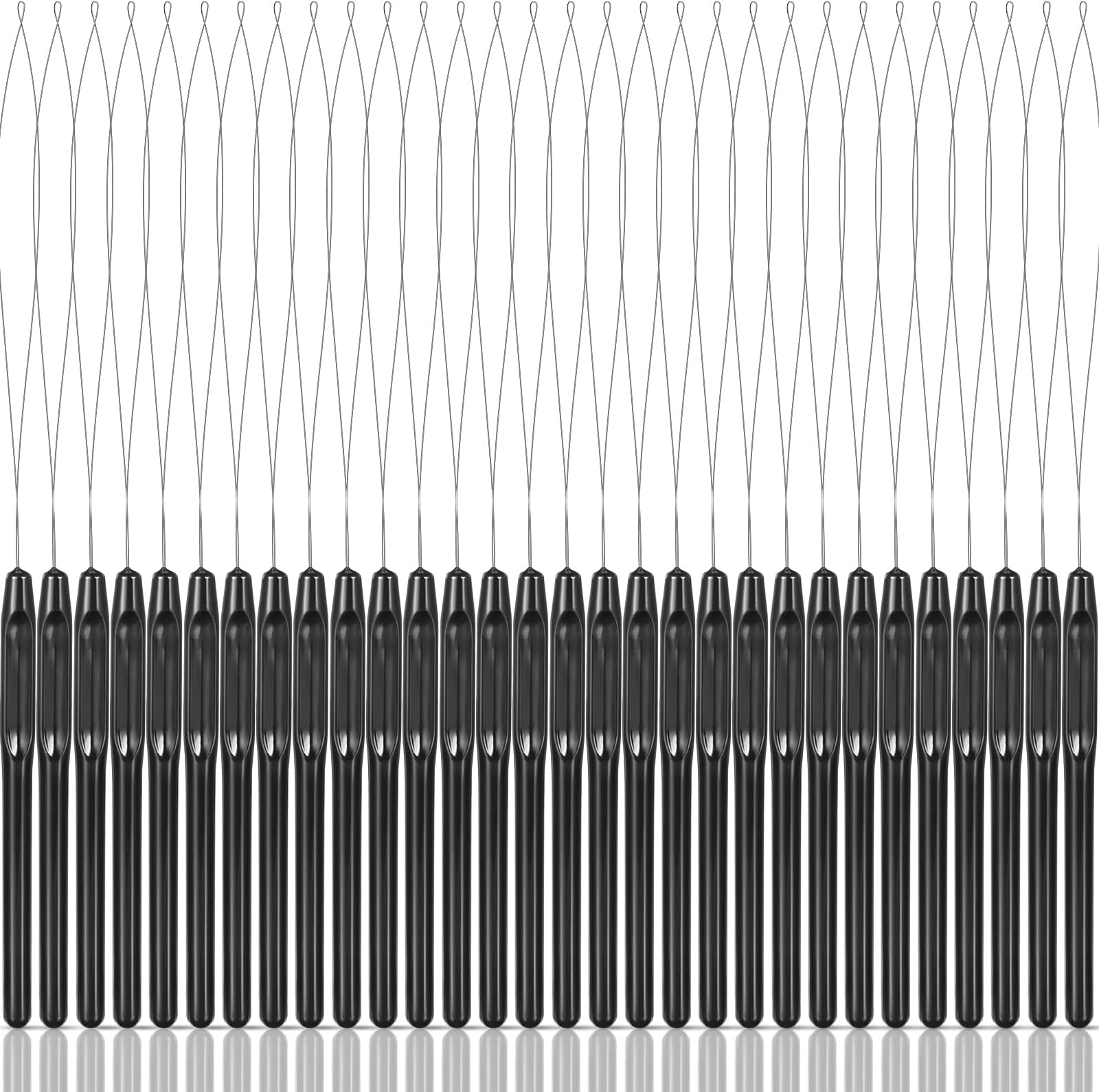 30 Pieces Hair Extension Loop Needle Threader Wire Pulling Hook Tool and Bead Device Tool Plastic Loop Needle for Hair or Feather Extensions Supplies, DIY, Black