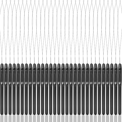 30 Pieces Hair Extension Loop Needle Threader Wire Pulling Hook Tool and Bead Device Tool Plastic Loop Needle for Hair or Feather Extensions Supplies, DIY, Black