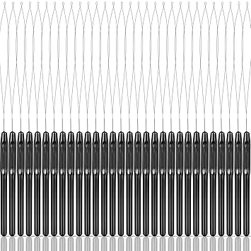 30 Pieces Hair Extension Loop Needle Threader Wire Pulling Hook Tool and Bead Device Tool Plastic Hair Extension Loop Needle for Hair or Feather Extensions Supplies, DIY Hook Tool Loop Tools, Black