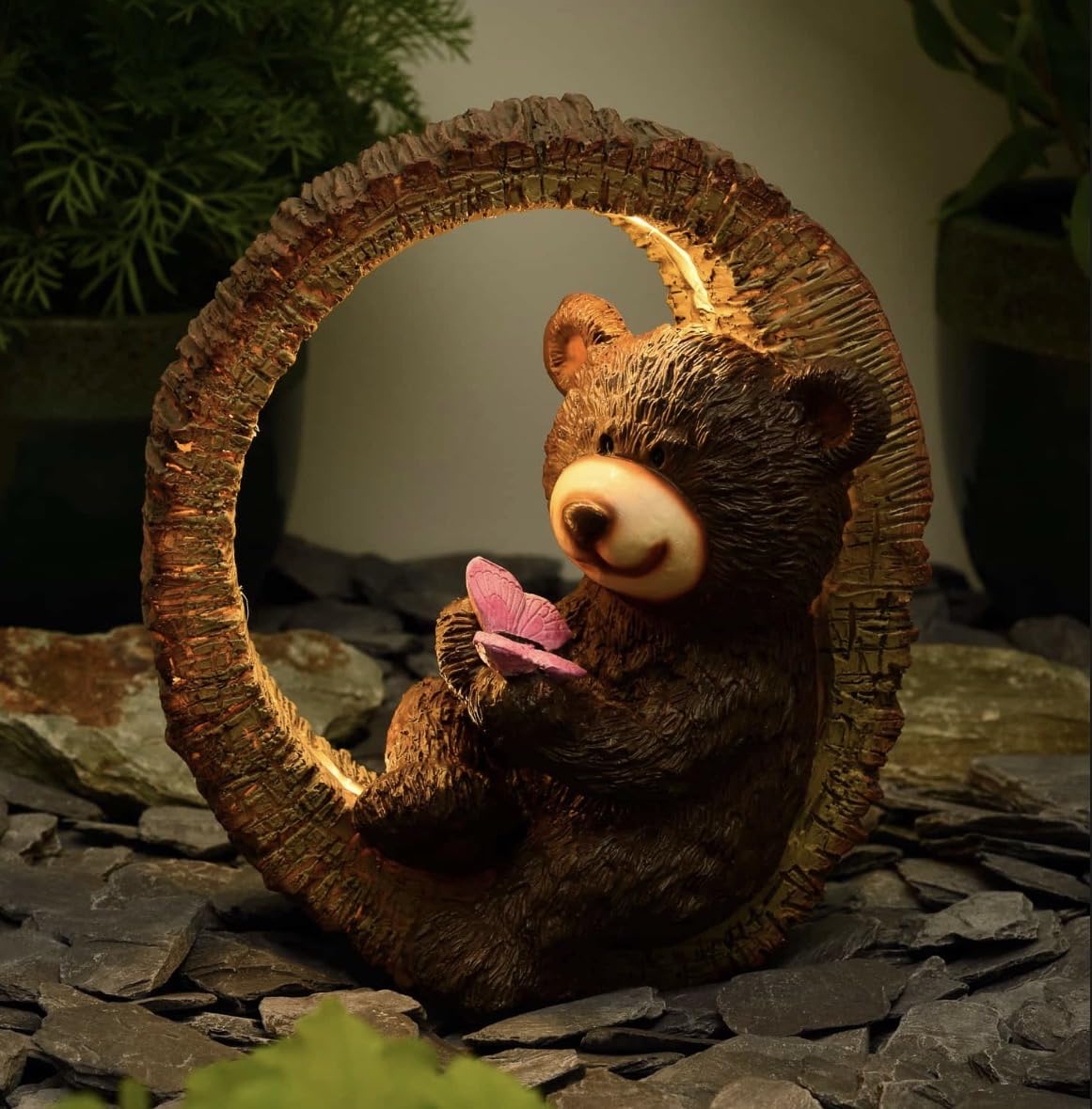 Solar Powered Bear with Butterfly Sculpture, Dark Brown, Warm White Light, Outdoor Garden Decor