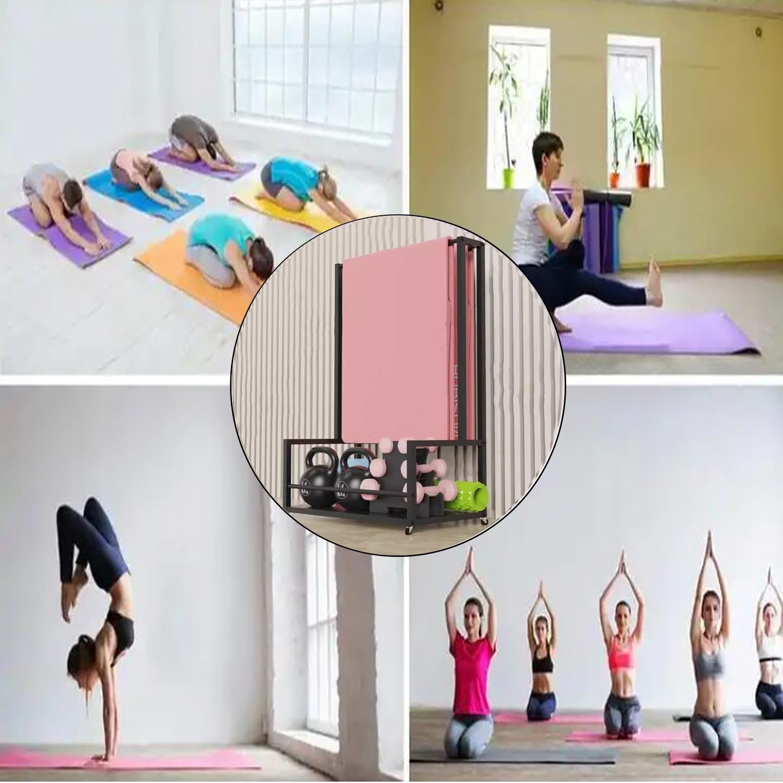 Soporte para Esterilla de Yoga, Expositor móvil para esterillas de Yoga - Organizador metálico de pie para esterillas de Pilates y Bloques de Yoga, solución de Almacenamiento Ideal para CLAS
