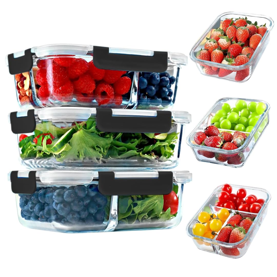 3 Compartment Glass Food Storage Containers With Lids 1040ml Bento Lunch Box