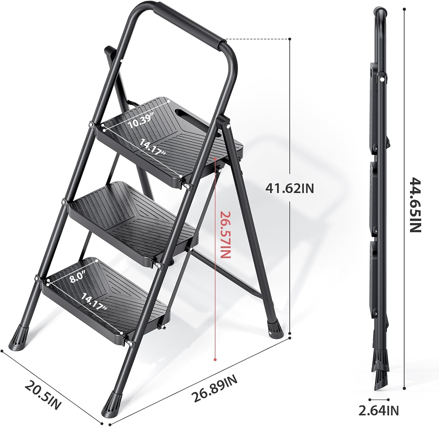 KINGRACK 3 Step Ladder, Folding Step Stool with Safe-Lock Design, 500 lbs Sturdy Steel Ladder with Wide Anti-Slip Pedal, Convenient Handrail for Household and Kitchen, Black