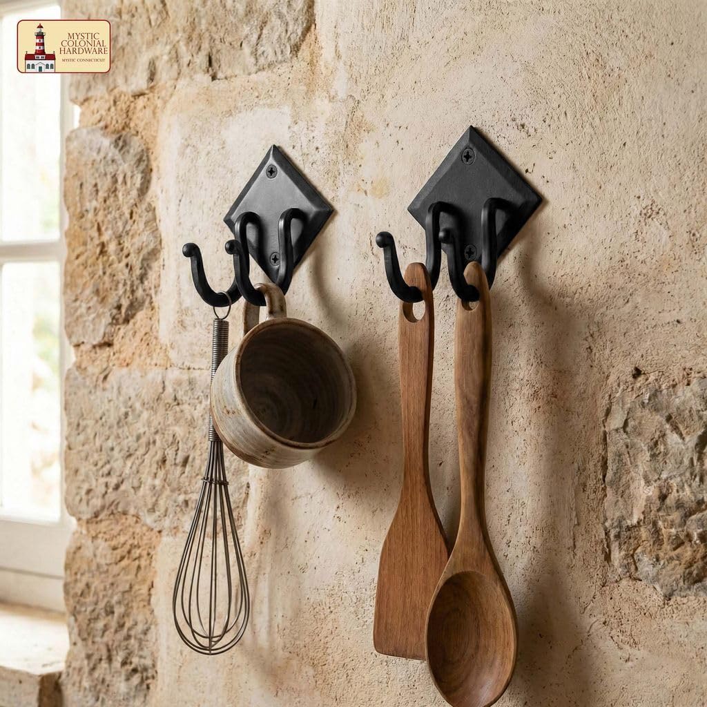 Mystic Colonial Rustic Hand Forged Iron Wall Hook with Two Hangers: Ideal for Victorian, Colonial, Retro, Steampunk, Gothic, and Baroque Settings 8.8 cm Black Pack of 10