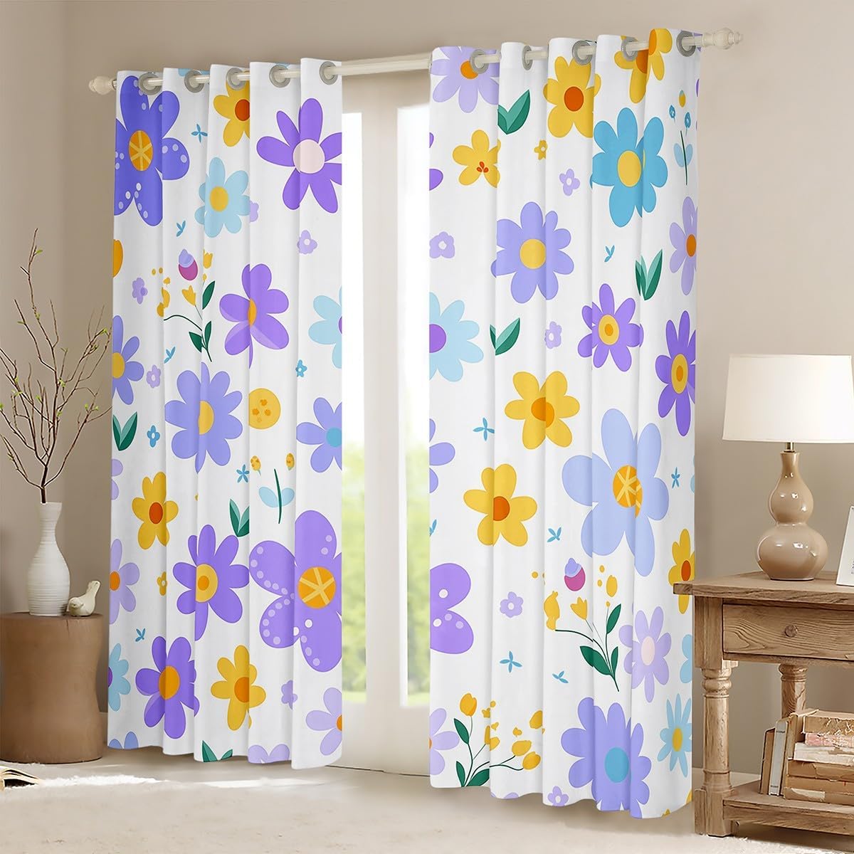 Feelyou Cute Flower Window Curtains for Bedroom Living Room Kids Cartoon Cute Floral Blackout Drapes Purple Yellow Curtains Blackout Kawaii Window Treatments 38W X 45L,2 Panels
