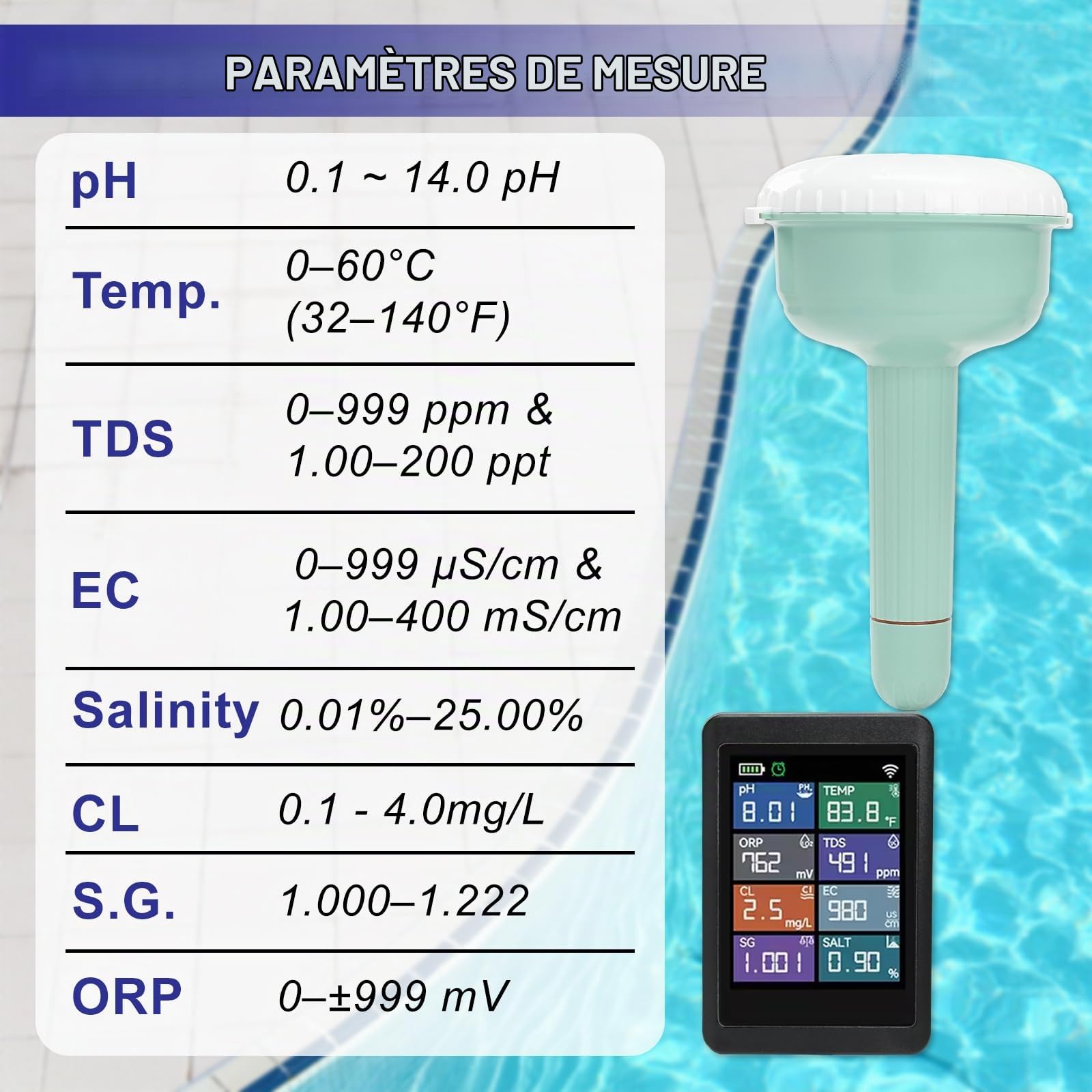 Testeur d'eau intelligent WiFi 8-en-1 pH TDS EC Chlore Salinité ORP Densité Temp, app Tuya surveillance à distance piscine aquarium spa