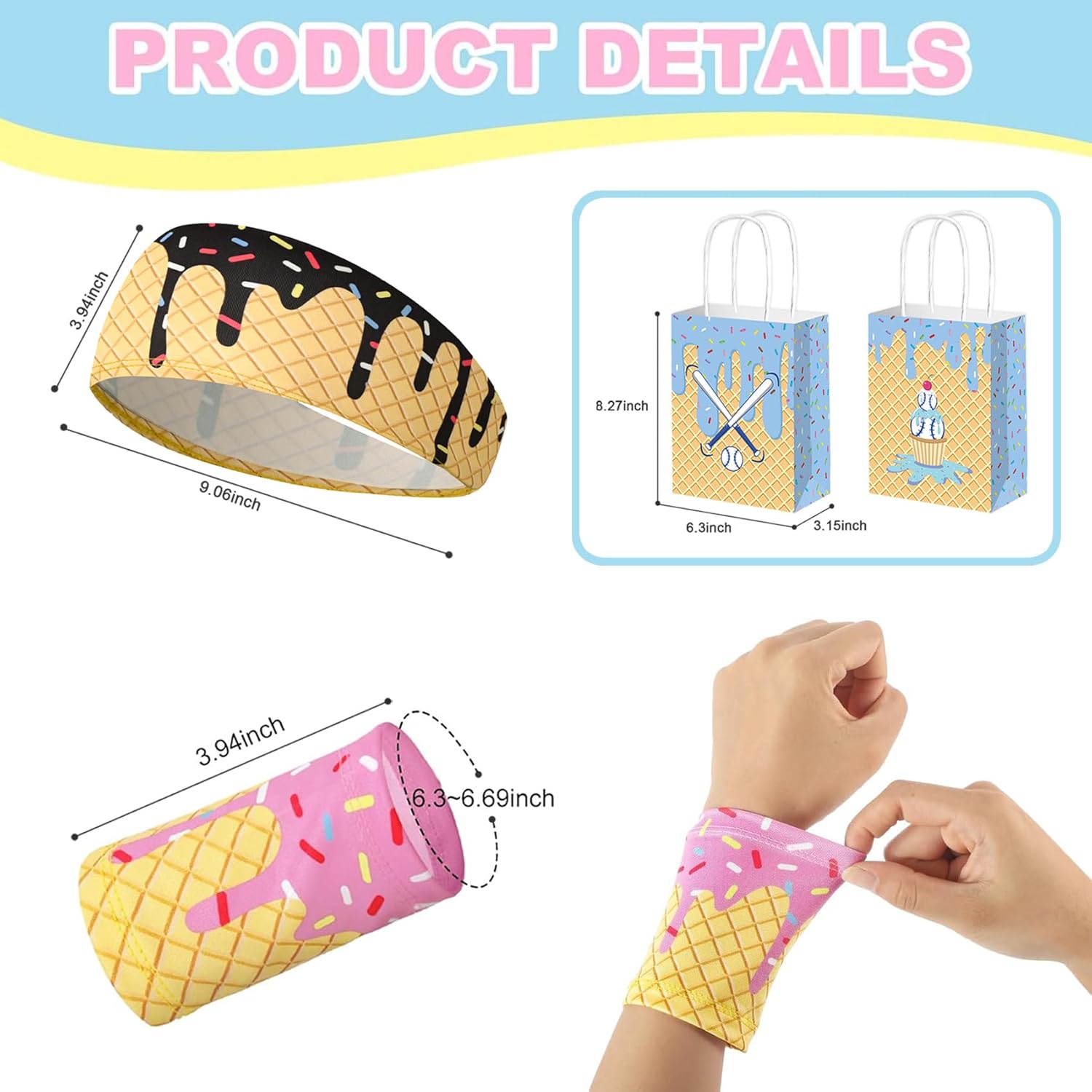 Ice Cream Drip 12Pcs Youth Baseball Accessories Set - 6 Elastic Polyester Headscarves + 6 Non Slip Sports Wristbands with 6 Bags for Teenager Men Women, Basketball Football Gym Party Favors Team Gift
