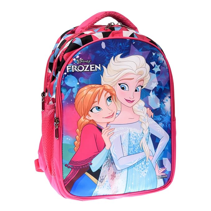Kuber Industries Disney Frozen Water Resistant Stylish for Girls 12 Years/5-7 Years | with 3 Compartments, Side Pockets, Padded Shoulders | 15 Litre, 14 Inches | Large | Pink School Backpack