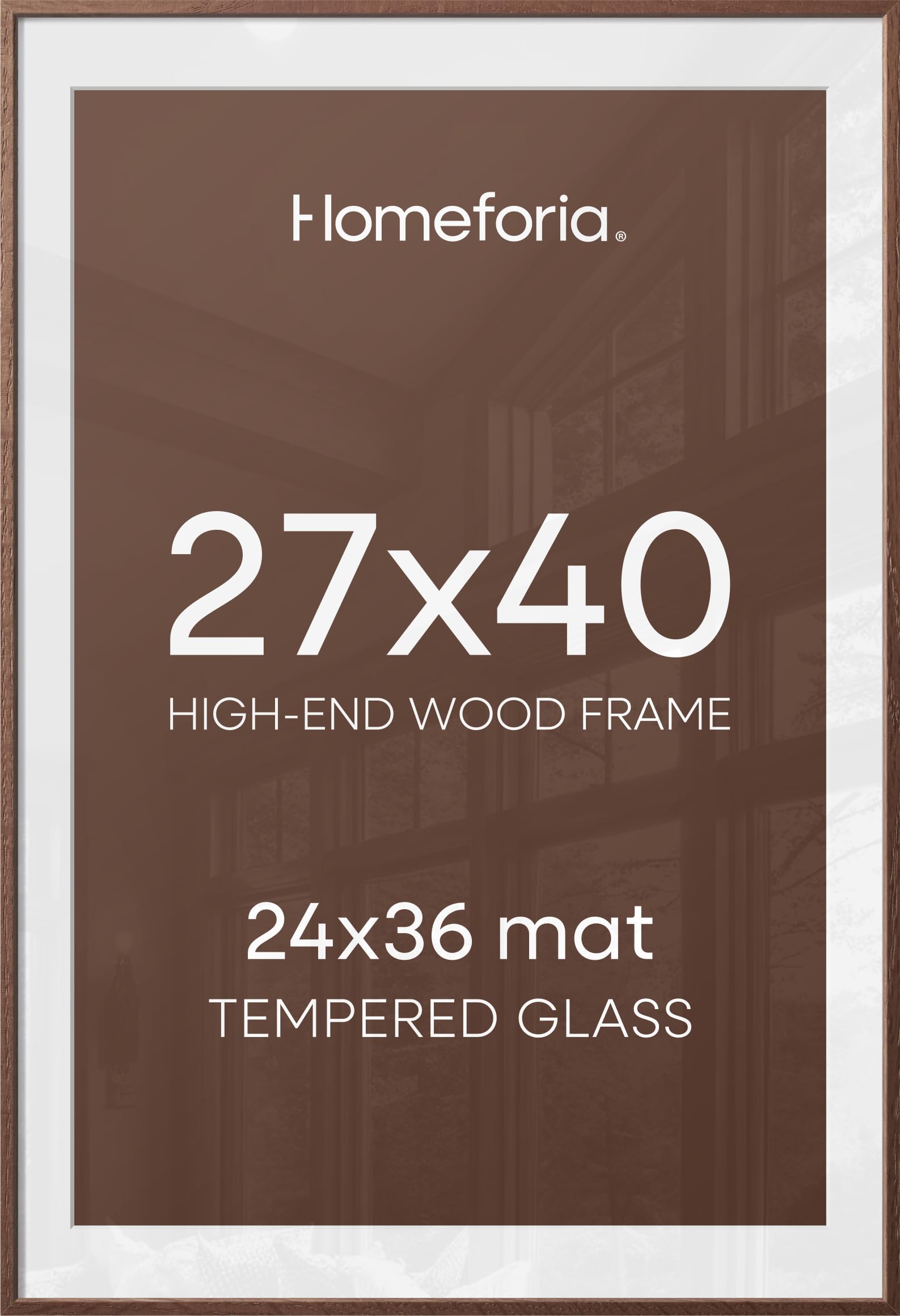 Homeforia 27x40 Poster Frame Brown, High End Dark Oak 27x40 Large Wooden Frame with Mat 24x36, 27 x 40 Walnut Wood Picture Frame Matted to 24 x 36, 40x27 Thin Frame, Tempered Glass, Wall Kit, Set of 2