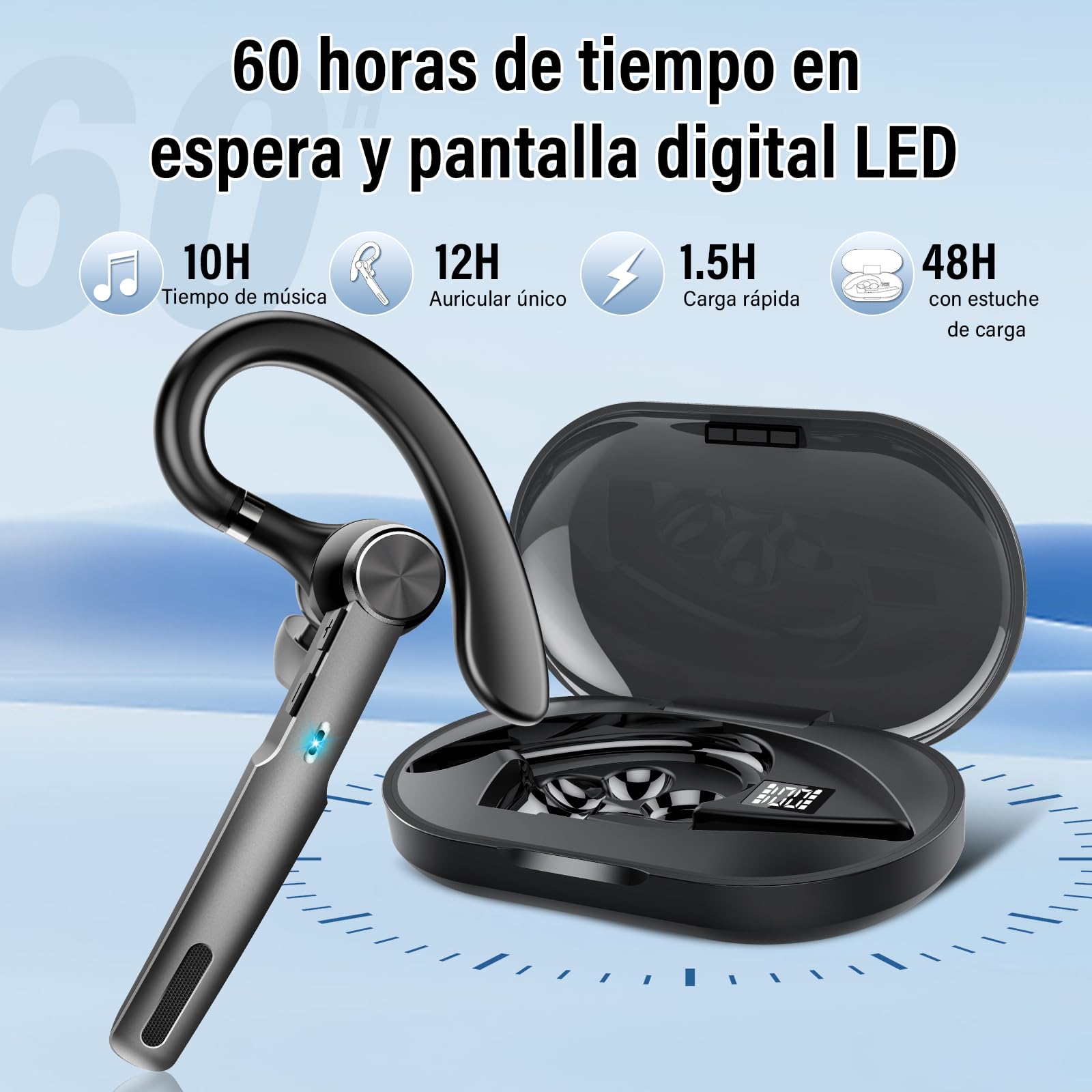 Manos Libres Auricular Bluetooth V5.3 con ENC Micrófono, 60H Hablar Pinganillo Bluetooth Movil, 2025 Auricular Inalámbrico Bluetooth con Ganchos para Negocios/Oficina, Carcasa de Carga LED, Negro