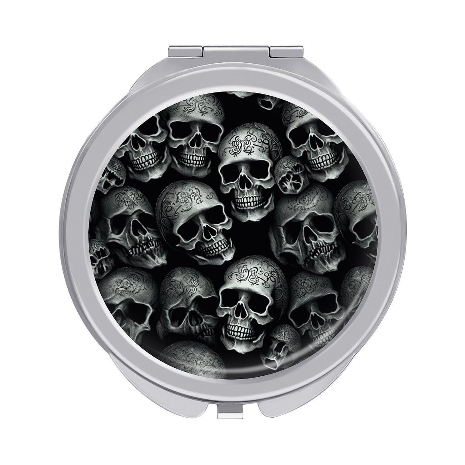 VstaDank Black Skull Travel Makeup Mirror 2 X /1 X Magnifying Mini Vintage Pocket Mirror for Purse Small Portable Folding Small Round Mirrors Portable Vanity Mirrors for Women