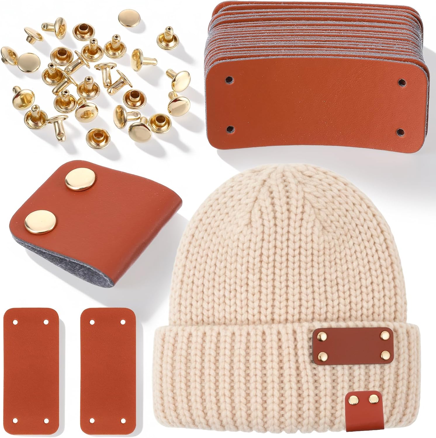 20 Pcs Blank Leather Tags for Crochet Items, PU Brown Leather Tags for Handmade Items Knit Patch with Rivet Button, Rectangle Label Repair Patch Soft Crochet Tape with Holes for DIY Clothing, Sewing