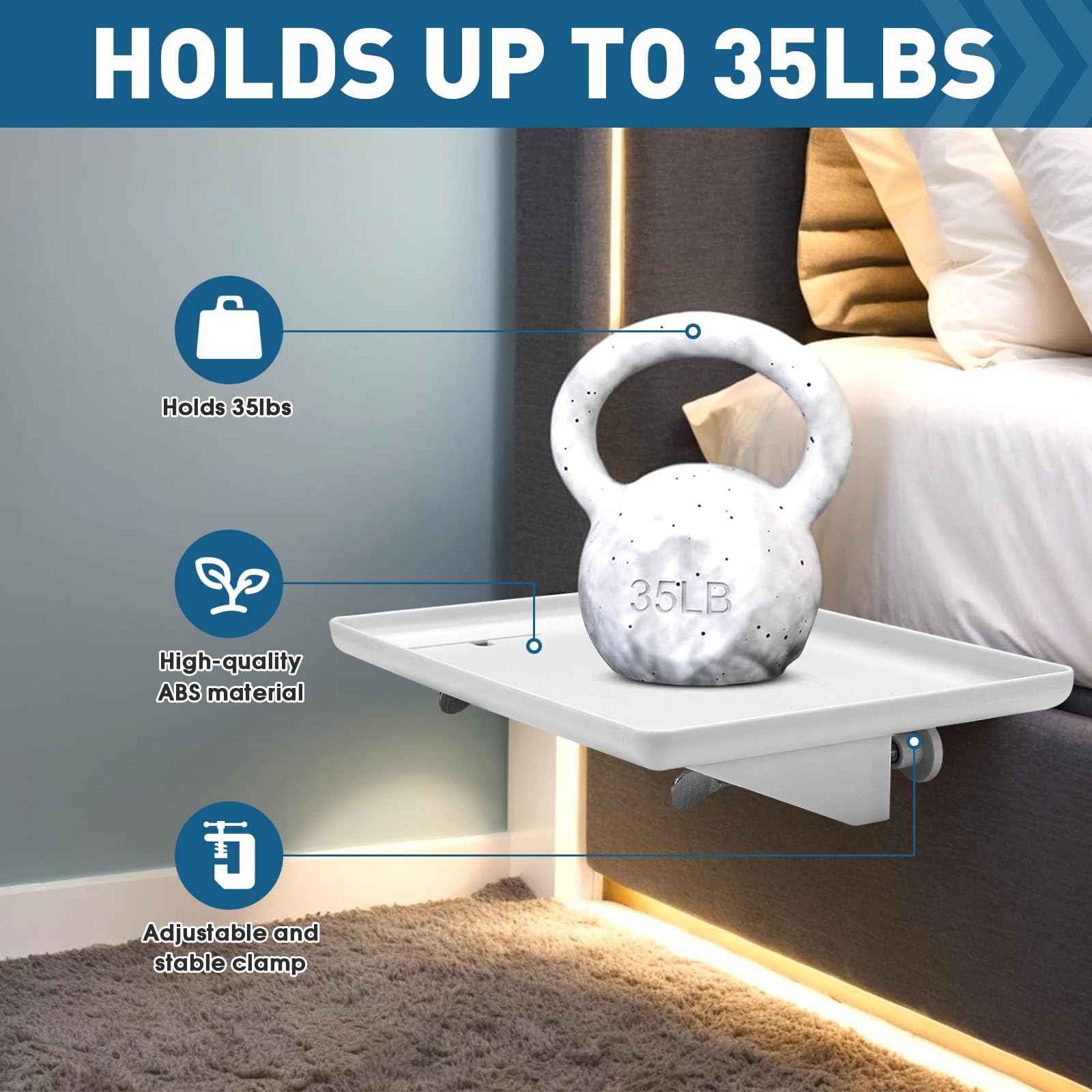 Bettablage Zum EinhäNgen Weiß Nachttisch Zum EinhäNgen Ans Bett Mit Ladekabelsteckplatz Nachttisch Regal,FüR Sofa,Alle Seitenobjekte Wie Sessel ca 32 * 23.5cm (Weiß)