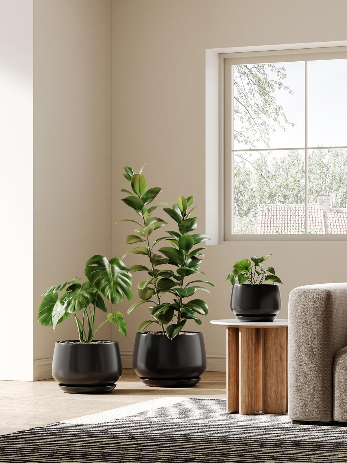 LE TAUCI Blumentopf Keramik, 30 cm Übertopf für Pflanzen, Pflanztopf mit Drainagelöchern und Untersetzer, Stilvoll und Langlebig, Blumentopf für Innenbereiche, Geschenk für Mama, Schwarz
