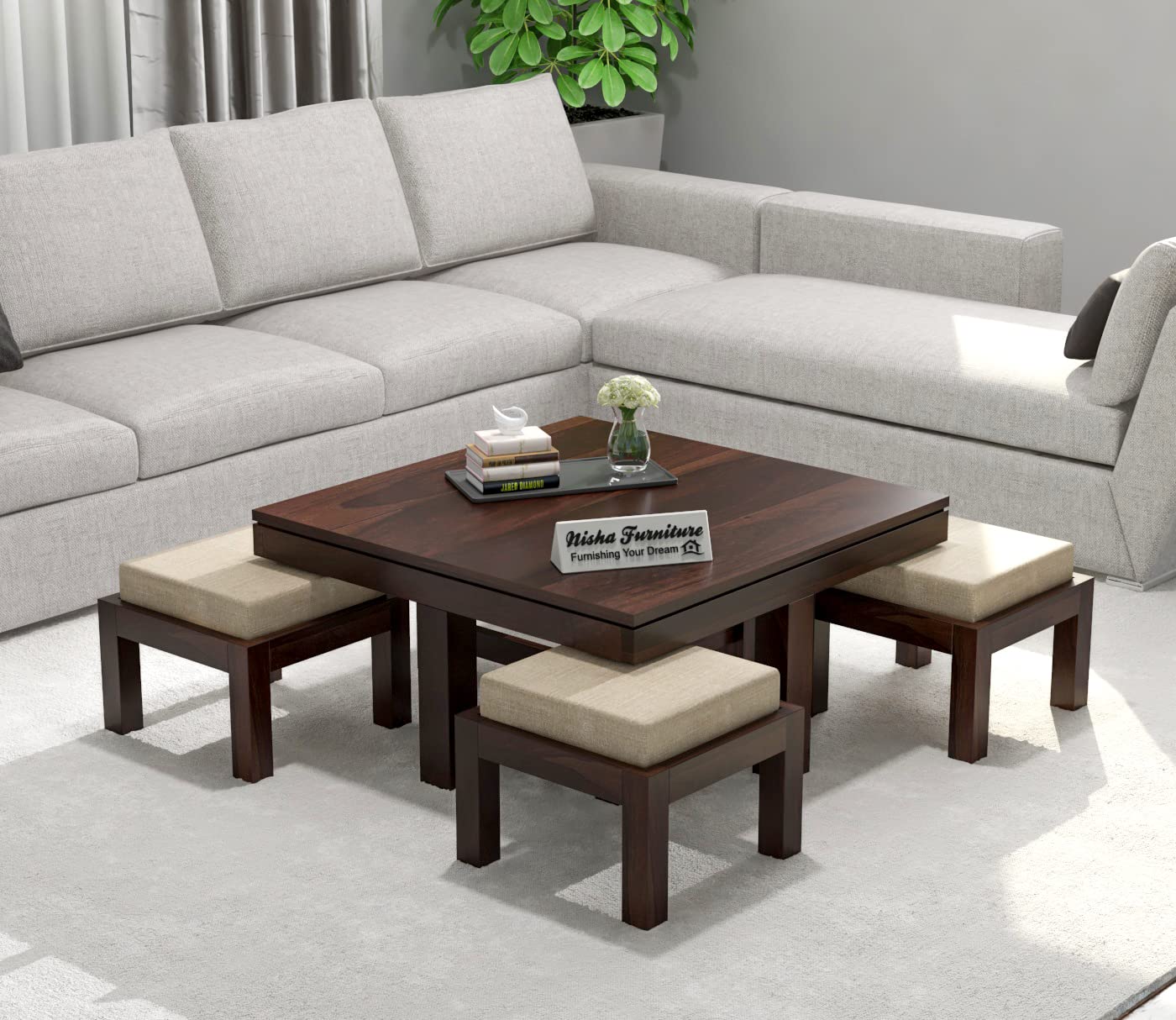 NISHA FURNITURE Solid Wood Coffee Table with 4 Stool for Living Room, Sheesham Wooden Center Table for Home Office | Center Coffee Table with Stool in Walnut Finish (B09QLDZSRC) Amazon Price History, Amazon Price Tracker