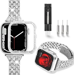 Siver Diamond Band with Case for Apple Watch 38mm 40mm 41mm 42mm 44mm 45mm and iWatch Series 8 SE2 7 SE 6 5 4 3 2 1, Bling Rhinestone Metal Bracelet Strap Bumper Cover, Womens Dressy Glitter Jewelry