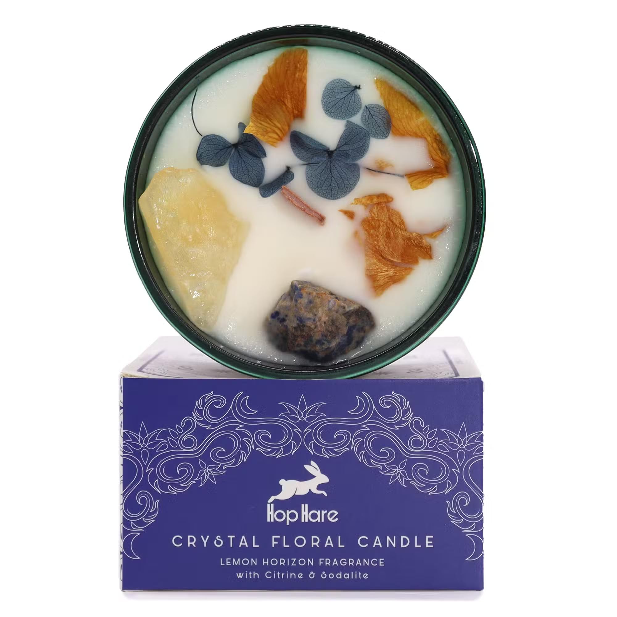 Hop Hare Crystal Magic Flower Candle - The Sun Tarot Edition, Citrine & Sodalite Infused, Lemon Horizon Scent Dried Flowers, Joy & Success Gift, 22-Hour Burn