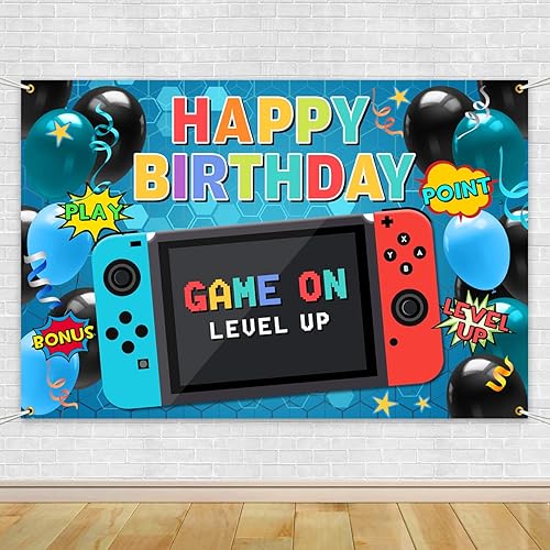 Cartel para juegos de feliz cumpleaños: telón de fondo de videojuegos, accesorios y accesorios para fiestas de juegos