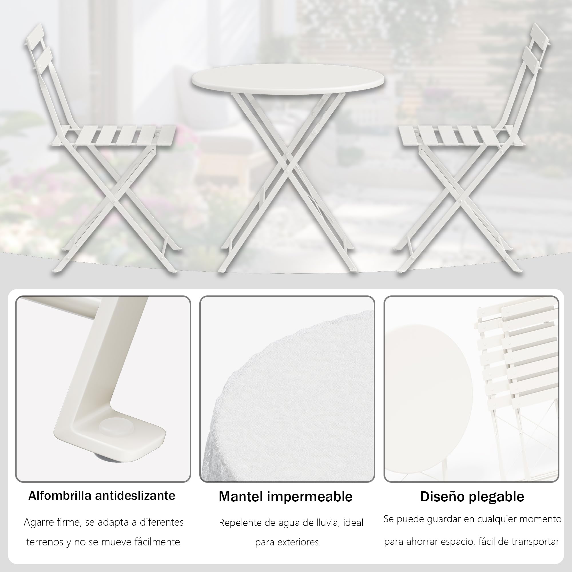 DEWINNER Conjunto de Mesa y sillas, Plegable, Conjunto de Mesa y sillas de jardín de Tres Piezas, 1 Mesa y 2 sillas, con Mantel Impermeable, Conjunto de Muebles de balcón
