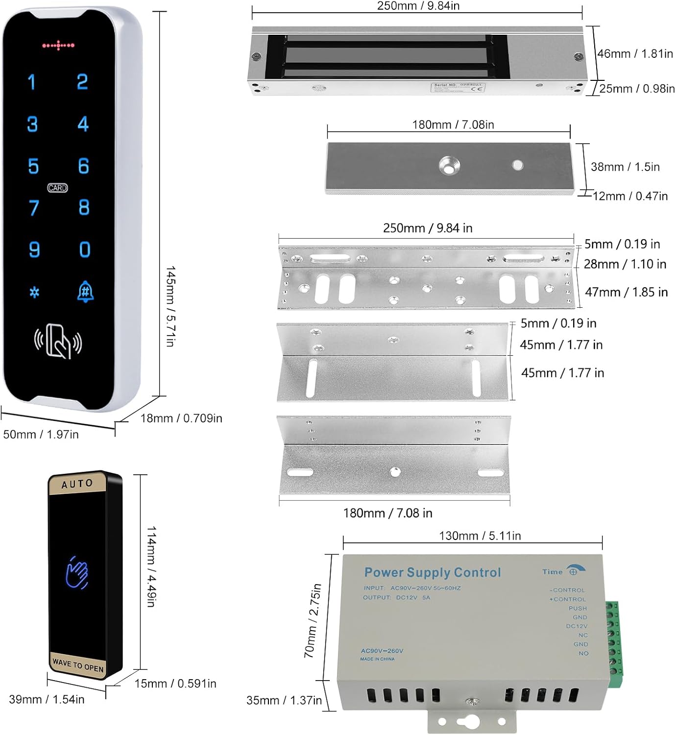 Outdoor waterproof access control system kit, RFID touch keypad door lock, smart remote control metal door opener, 600 lb electromagnetic lock + ZL bracket, NFC mobile phone unlocking 、Doorbell 9 718pE8KDXTL. AC SL1500