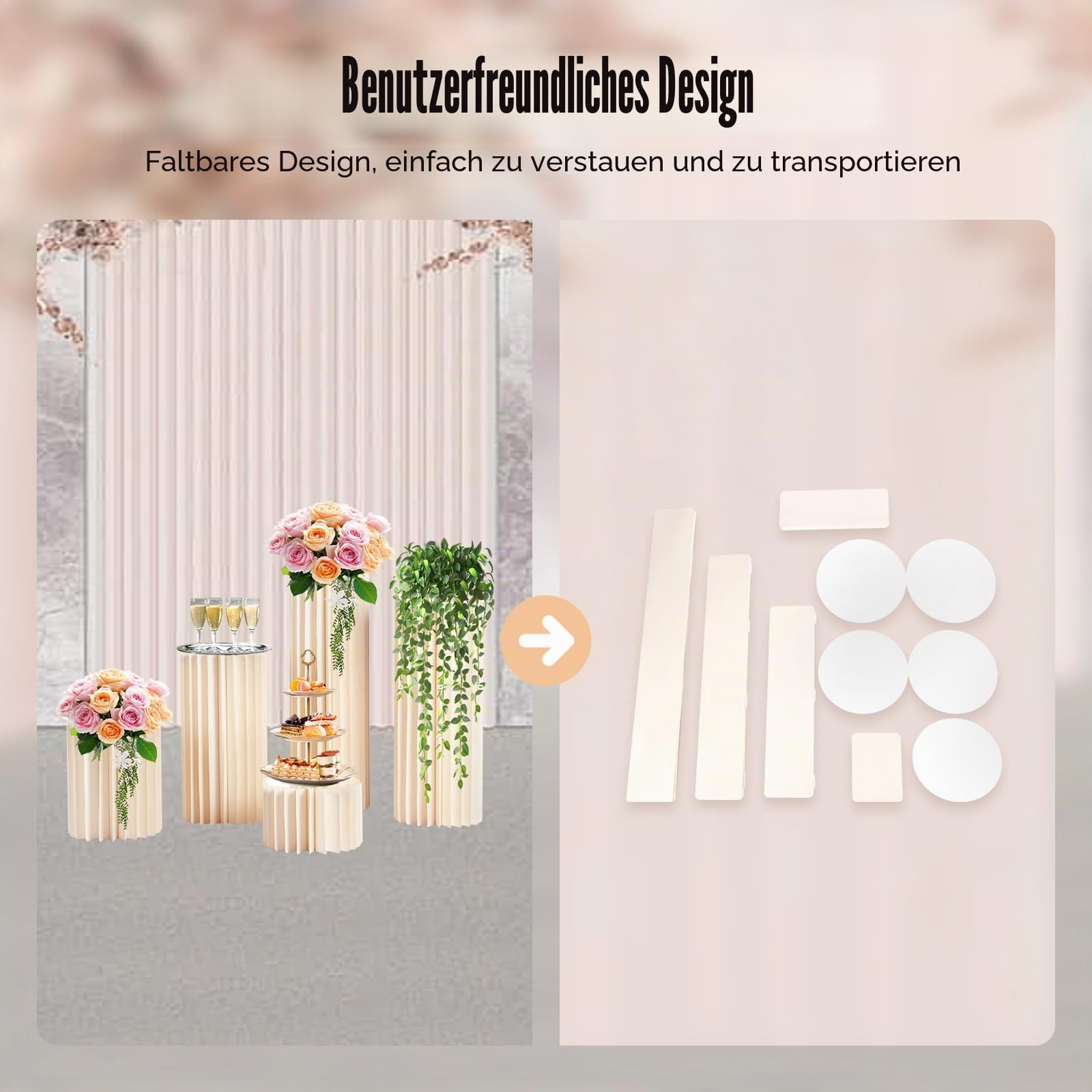 MINRS 5 Stücken Hochzeit Karton Blumensäule Vasen Faltbarer Tafelaufsatz aus Karton, Säulen-Display mit Acryldeckel, Faltbarer Blumenständer Dekosäule für Hochzeit, Party, Garten