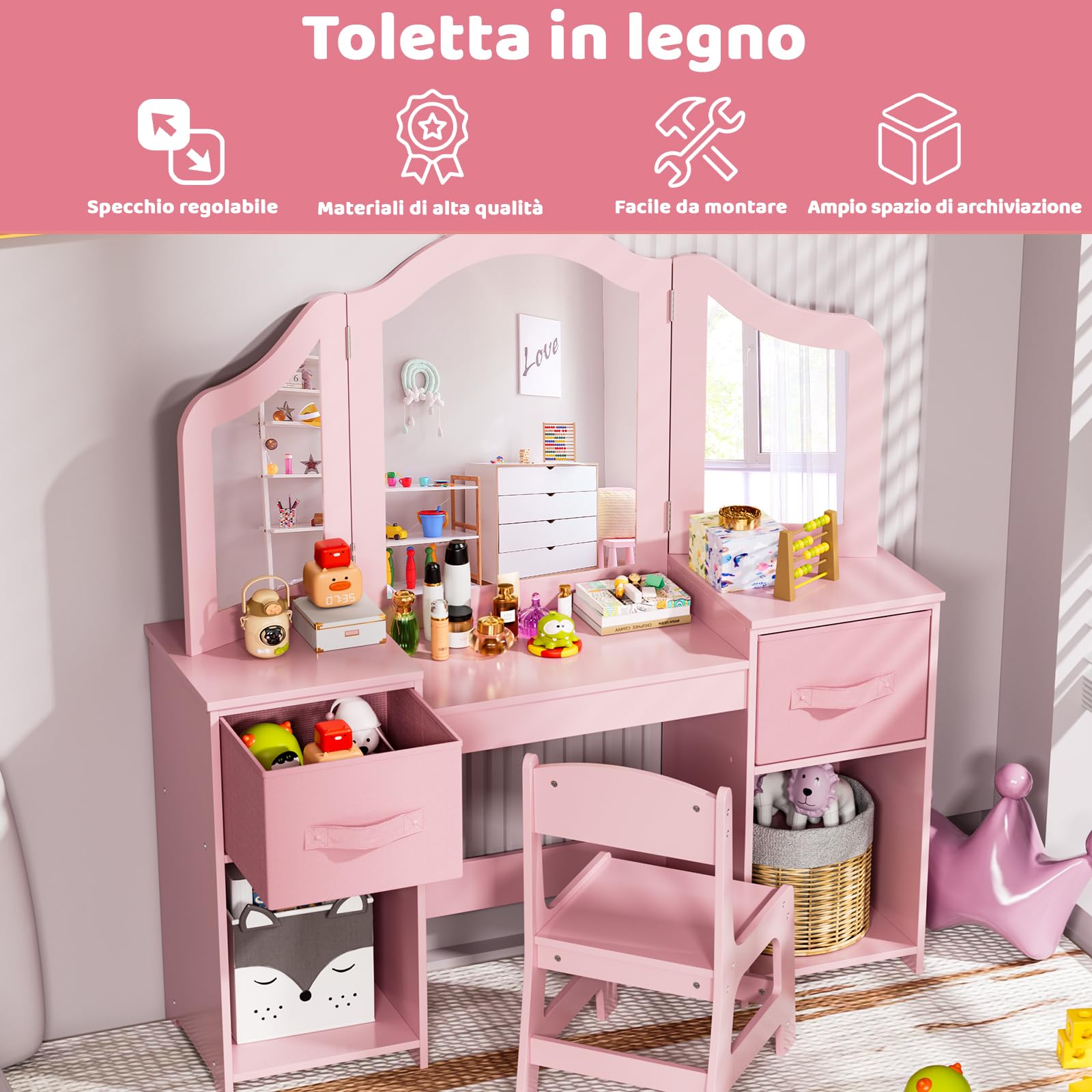 MAMIZO Toeletta Trucco Bambina 2 in 1, Toeletta per Bambi con Specchio Rimovibile, Sgabello, 2PCS Cassetto in Tessuto, Scrivania per Bambini, 108x30x114 cm, Rosa