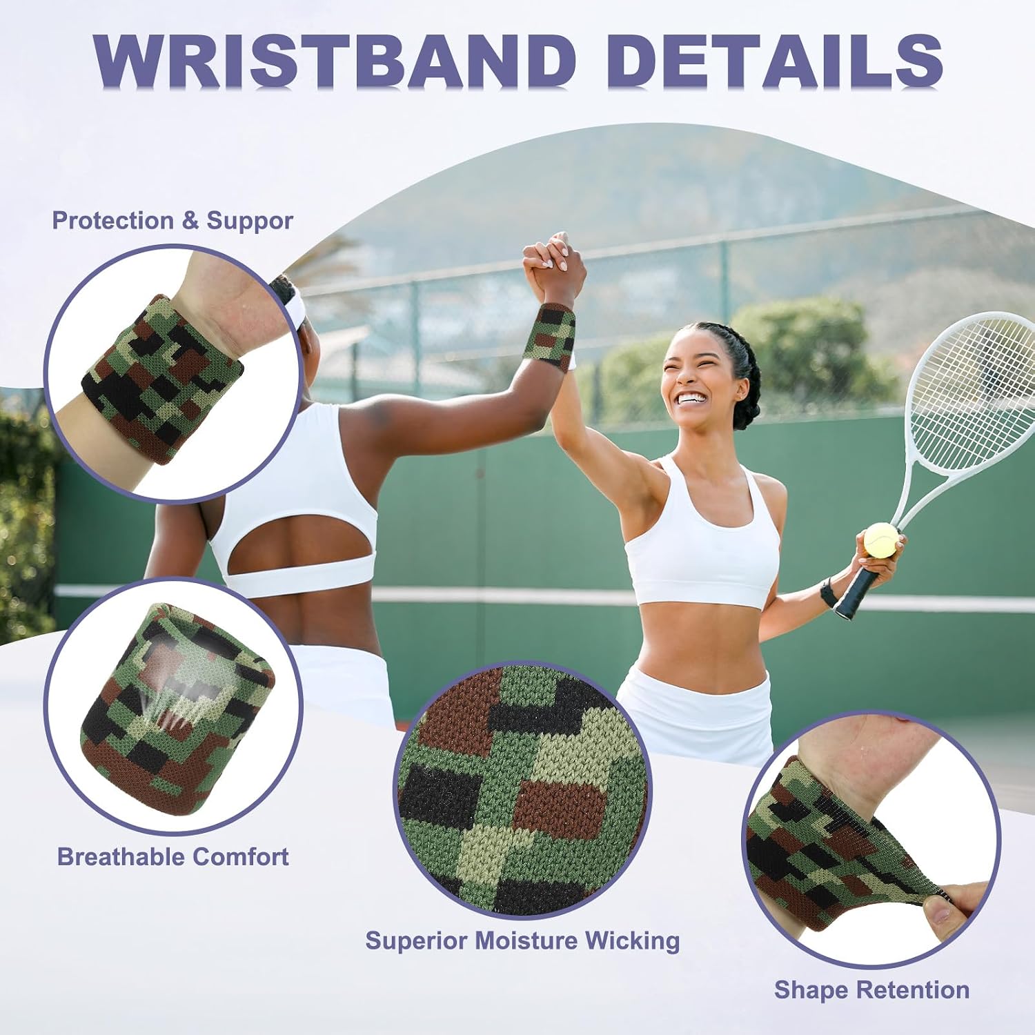 MECCANIXITY Sweat Band Set Sports Terry Cloth Headband Wristband Set Moisture Wicking Sweat Absorbing Head Band for Women Men Workout Exercise (Checkered Camouflage)