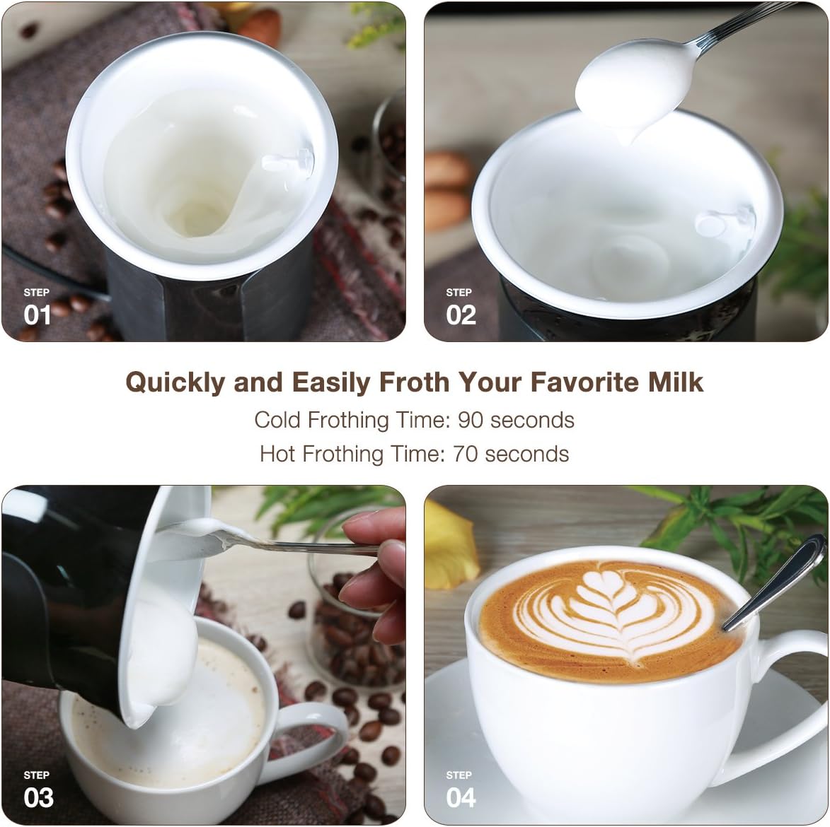 SIMPLETASTE Milk Frother with milk splashing inside, showing magnetic whisk action