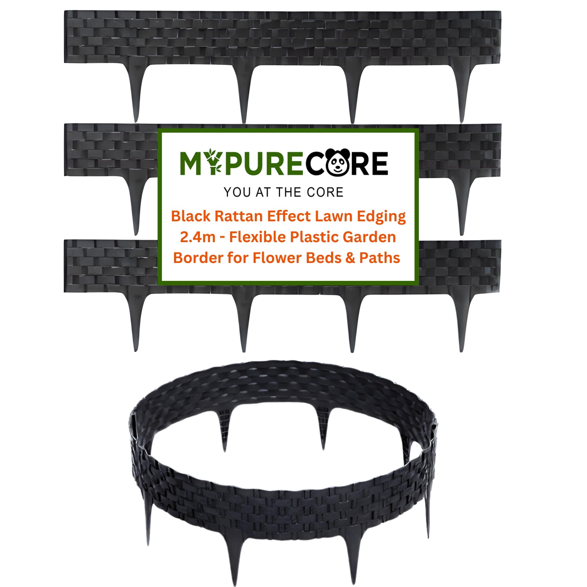 MYPURECORE Black Rattan Effect Lawn Edging 2.4m - Flexible Plastic Garden Border for Flower Beds & Paths | Weather-Resistant & Recyclable Palisade | Easy Install Edging for Grass, Gravel & Landscape