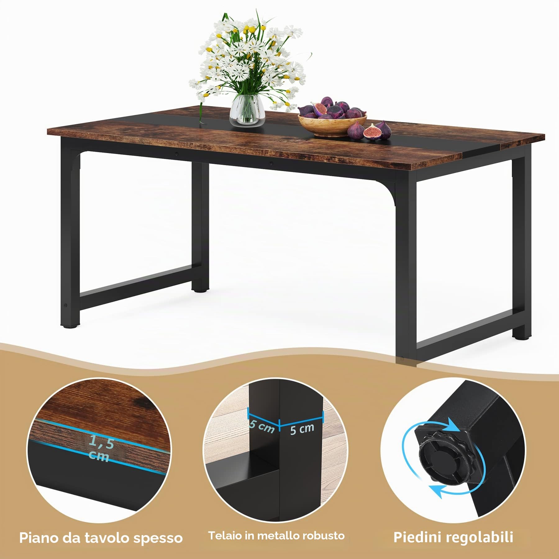 Tribesigns Tavolo da pranzo industriale per 4-6 persone, rettangolare, 160 x 80 cm, per sala da pranzo, cucina, soggiorno, con gambe in metallo resistente, marrone vintage