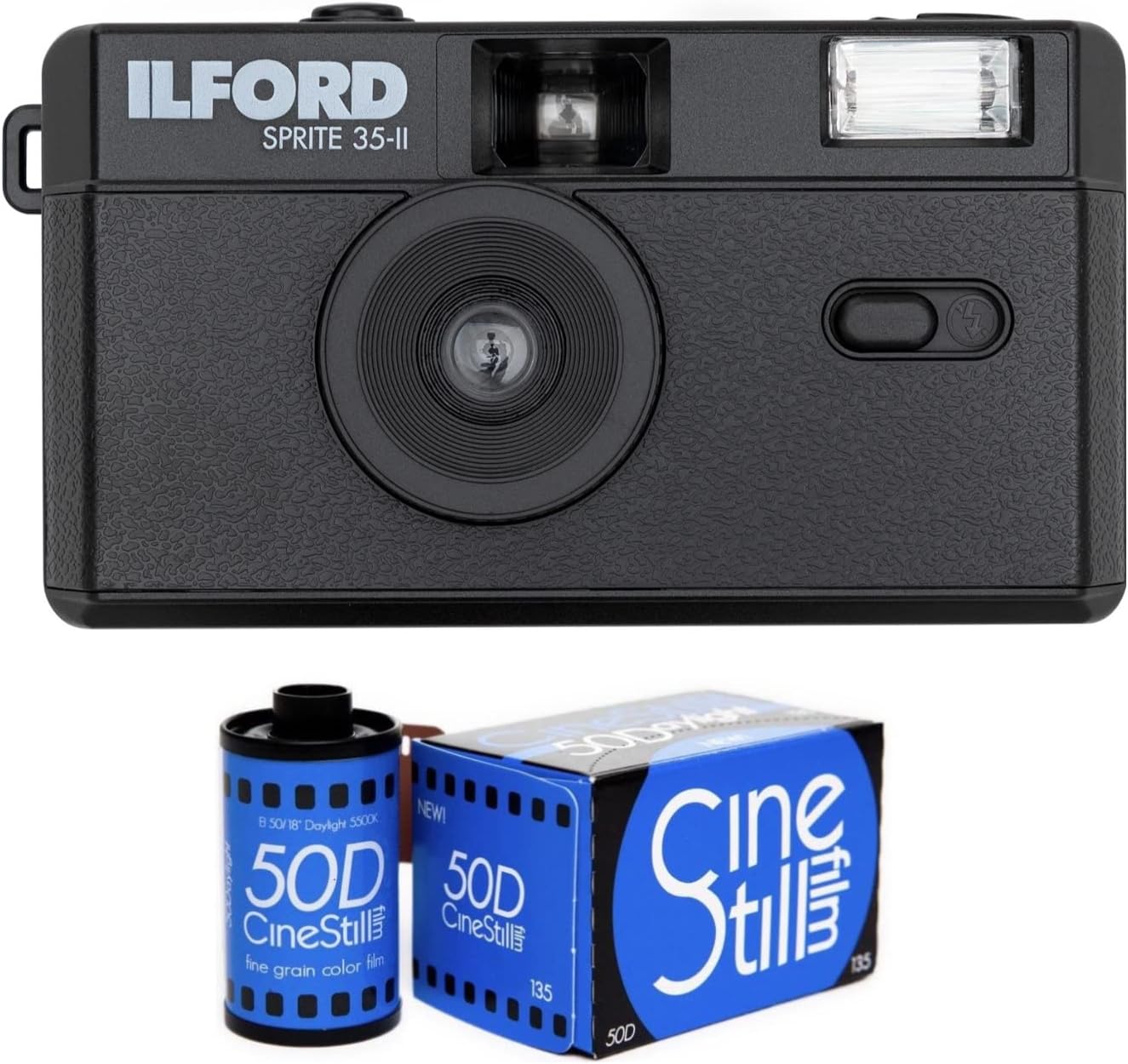 Ilford Sprite 35-II Reusable/Reloadable 35mm Analog Film Camera (Red and Black) with CineStill 50Daylight Color Negative Film Bundle (2 Items)
