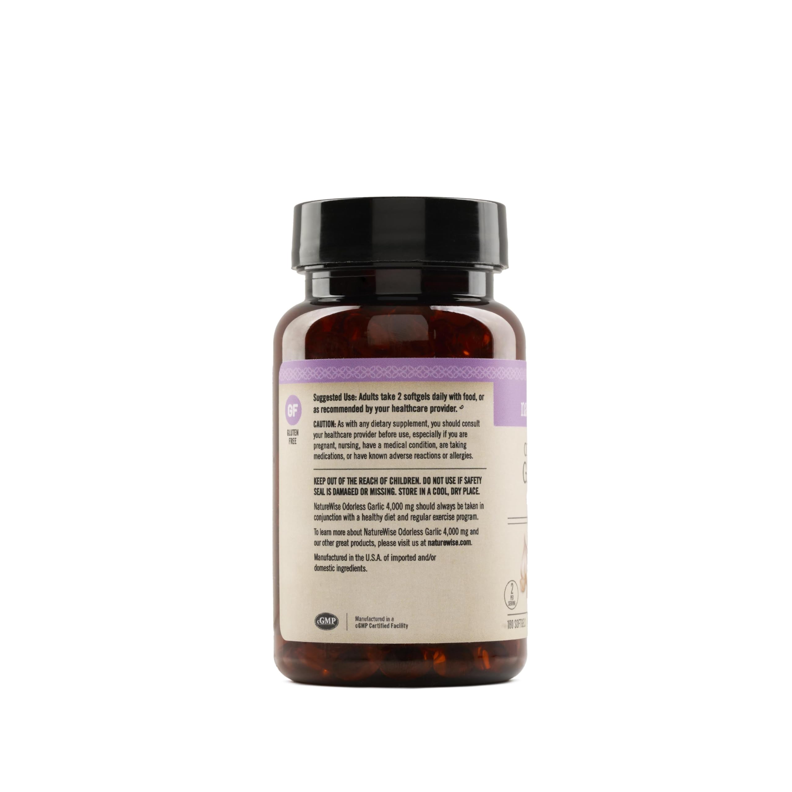 NatureWise Odorless Garlic Supplement 4000mg - Ultra Potent 100:1 Extract - Healthy Cholesterol Formula, Heart Health Support - Non-GMO, Gluten Free, with Halal Gelatin - 180 Count[90-Day Supply] — Amazon image 2