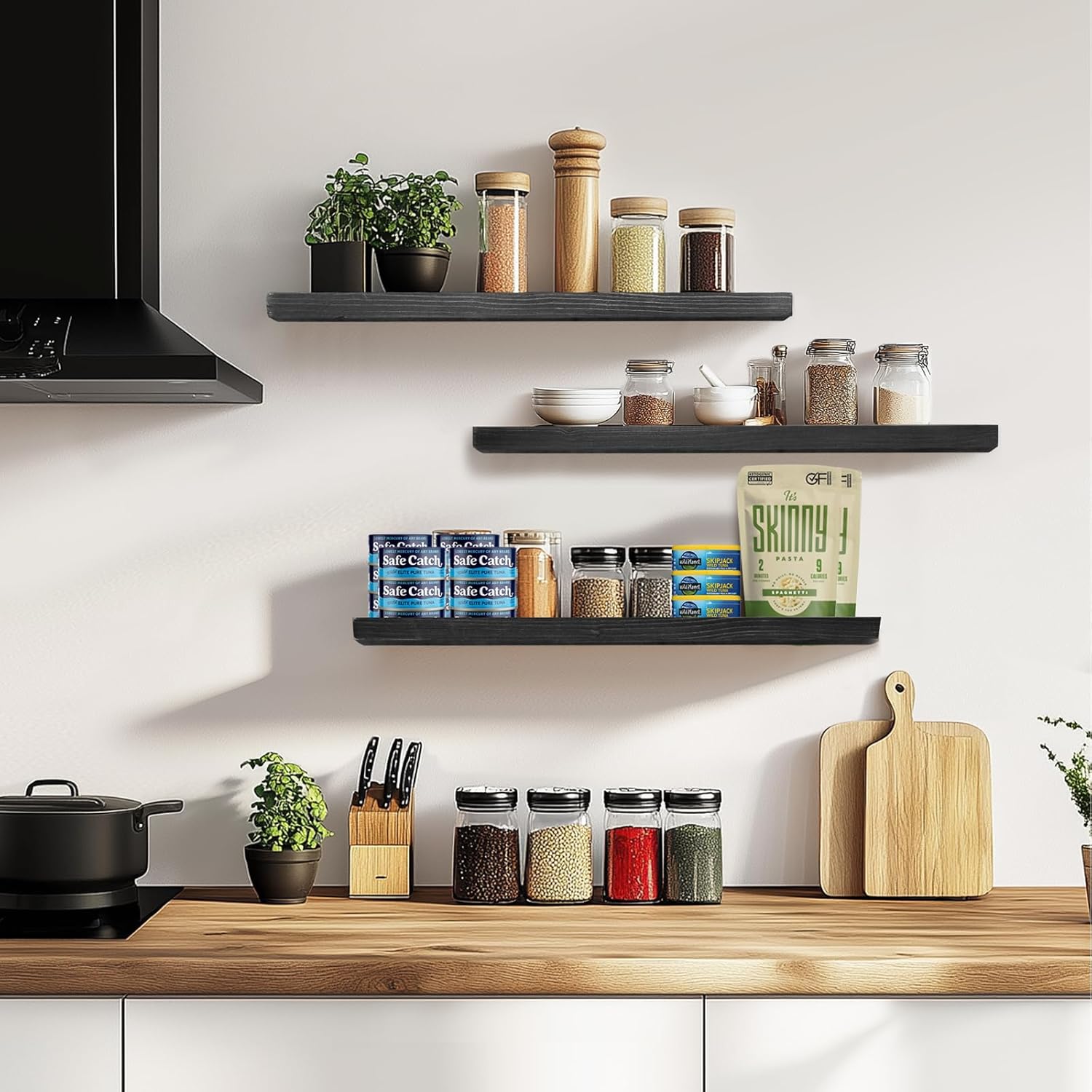 Floating Wall Shelves 3-Pack - 24-Inch Rustic Black Wooden Shelves for Storage and Décor, Easy Installation for Living Room, Bedroom, and Kitchen