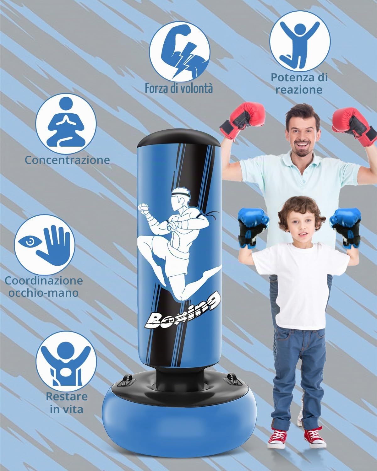 NZQXJXZ Sacco da Boxe Bambini- 165cm Gonfiabile con Guantoni da Sacco Boxe per la Pratica di MMA Karate Taekwondo e per Alleviare l'energia di Pent Up Pugilato