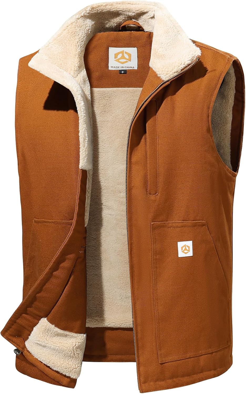 CARWORNIC Waterproof Washed Duck Vest Winter Sherpa Fleece Lined Loose Fit Mock-Neck Insulated Canvas Workwear Vest