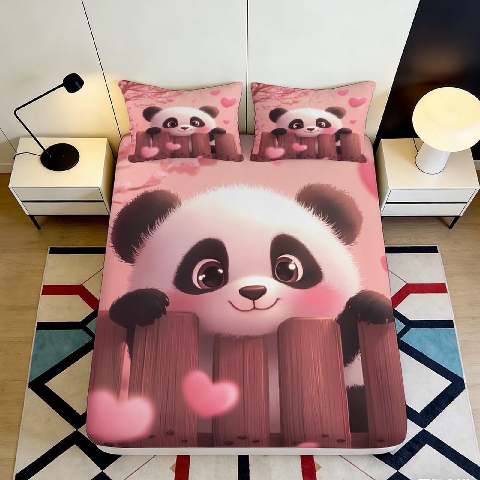 3D Printed Cute Panda Fitted Sheet Microfiber Pink Cartoon Bed Cover for Bedroom Dorm Mattress Protection Decor 90x200x25cm