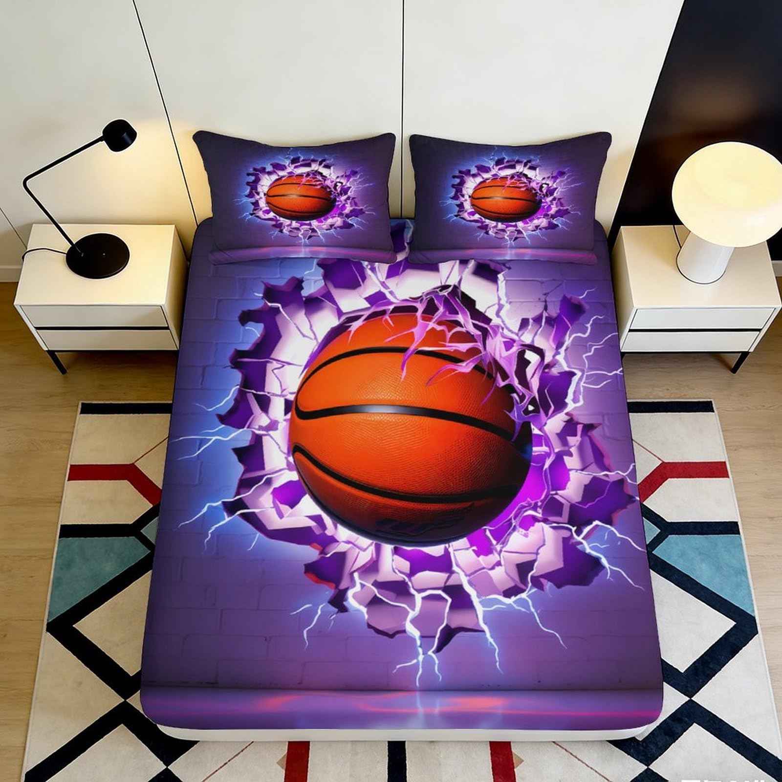 Pnayamiorkfel Style-4 3D Printed Basketball Explosion Fitted Sheet Microfiber Soft Breathable Purple Lightning Bed Cover For Bedroom Dorm Decor 90X200x25cm