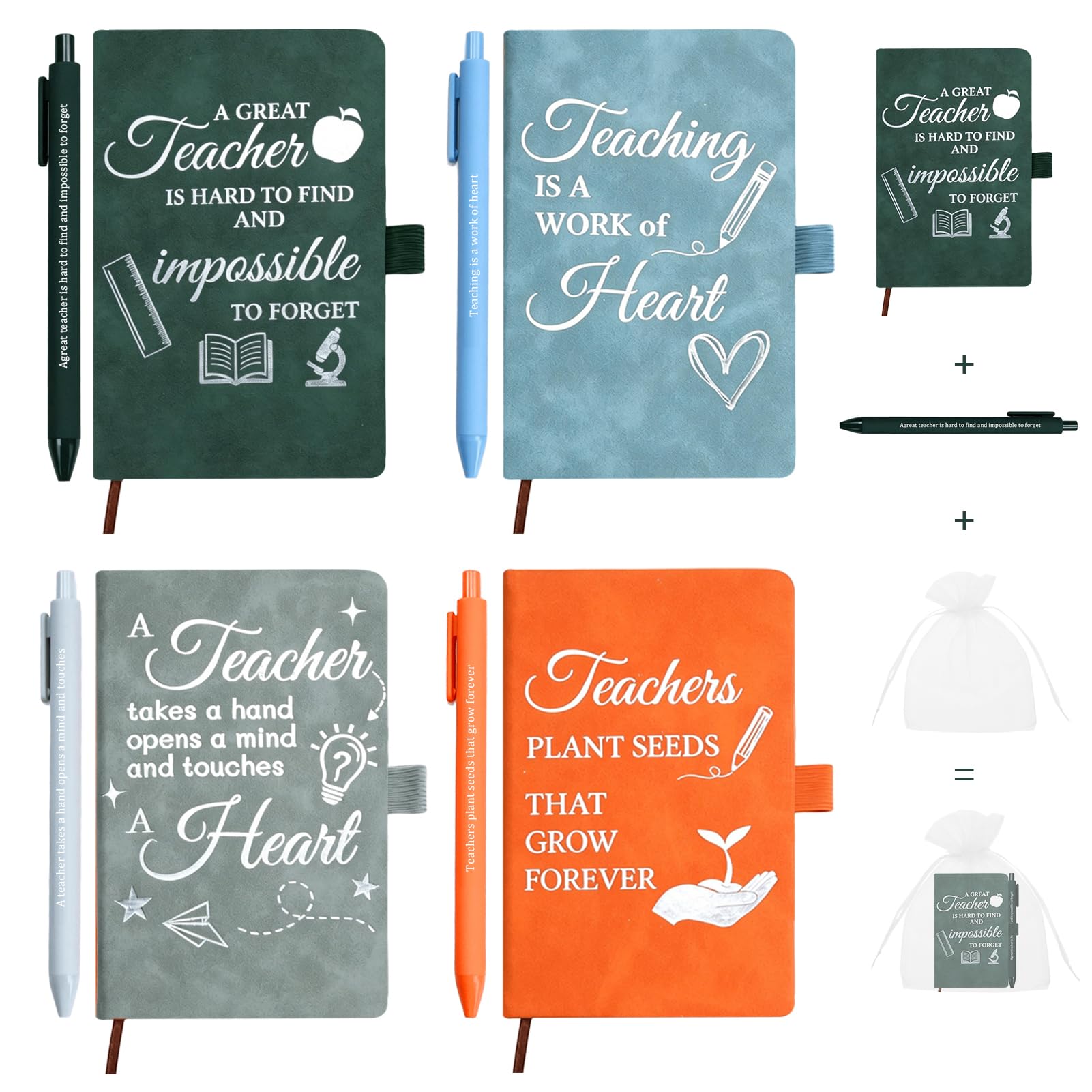 Kideerly Thank You Teacher Gifts, 4Pcs Teacher Notebook Gifts for Women Men, Best Teachers Gifts Multipack with Pen and Organza Bag for Nursery, Male Female Teacher, Teaching Assistant