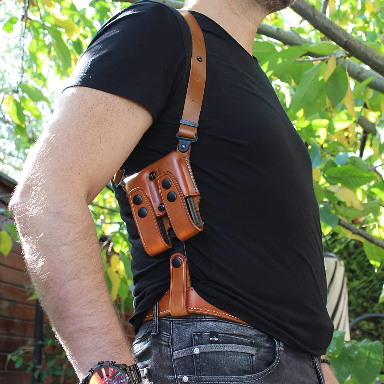 Optic Ready/Red Dot Compatible Premium Leather Vertical Shoulder Holster System with Double Magazine Carrier – Fits Beretta-Type 92FS 9mm with Out Rail 4.9-inch, Right Hand Draw, Brown Color #1532#