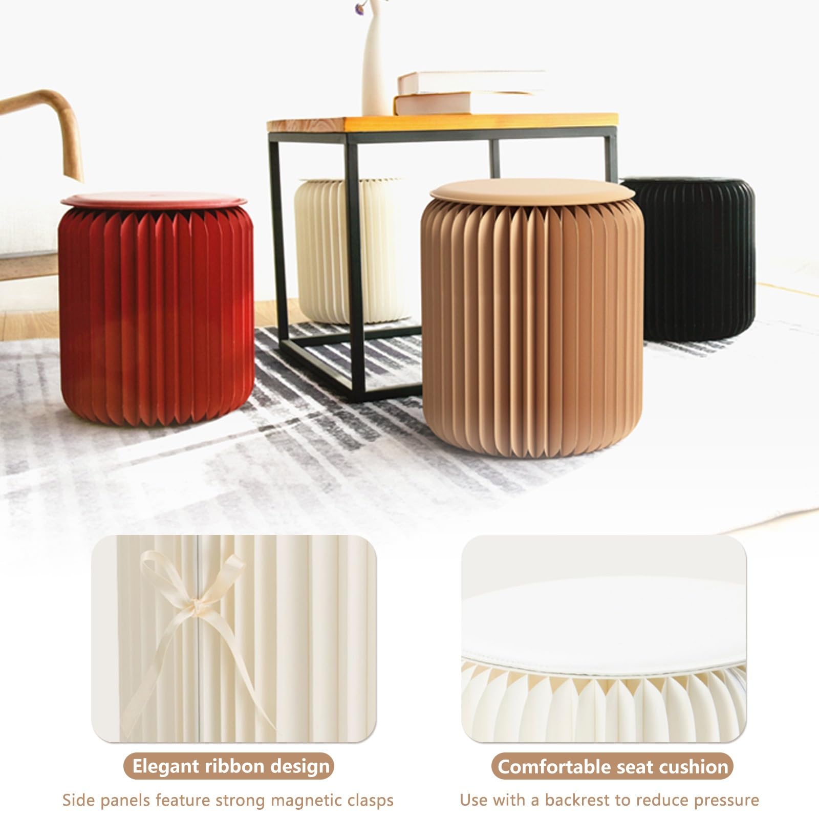 Tabouret Pliant en Papier Kraft avec Coussin Facile à Monter Convient Aux Centres Commerciaux Cabines D'Essayage Expositions Et Chambres(Marron,44cm(17.3in))