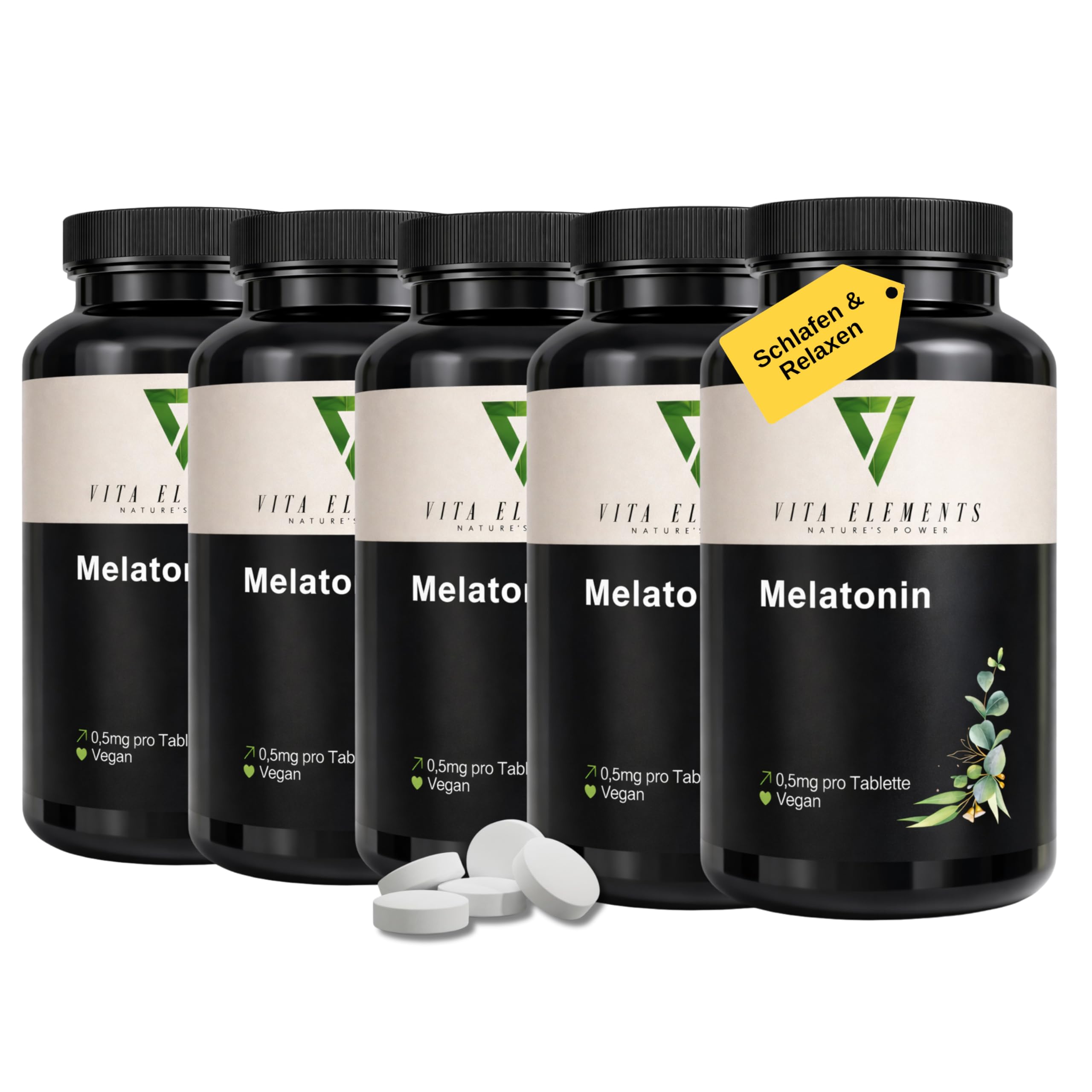 Vita Elements Melatonin - 365 Tabletten - 0,5mg Melatonin pro Tagesdosis - Jahresvorrat - Vegan - Ohne Magnesiumstearat - Laborgeprüft - Mini Tabletten