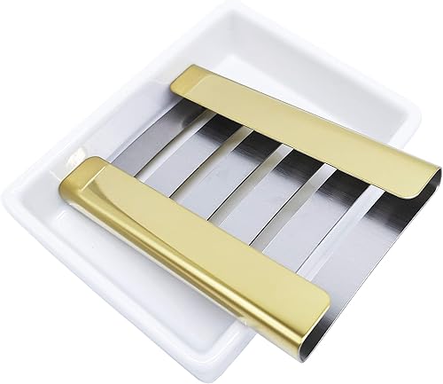 Miniatura 3 de Lofekea Jabonera de cerámica dorada de acero inoxidable para ducha y baño, caja de jabón de drenaje de doble capa