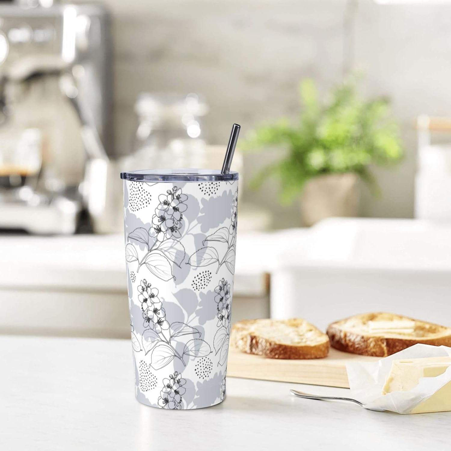 Gray flower Tumbler,Flowers 20oz Stainless Steel Insulated Travel Tumblers,Travel Coffee Mug with Lid and Straw Water Bottle Drink Tumbler Cups Gifts for Women Men Lovers - Image 7