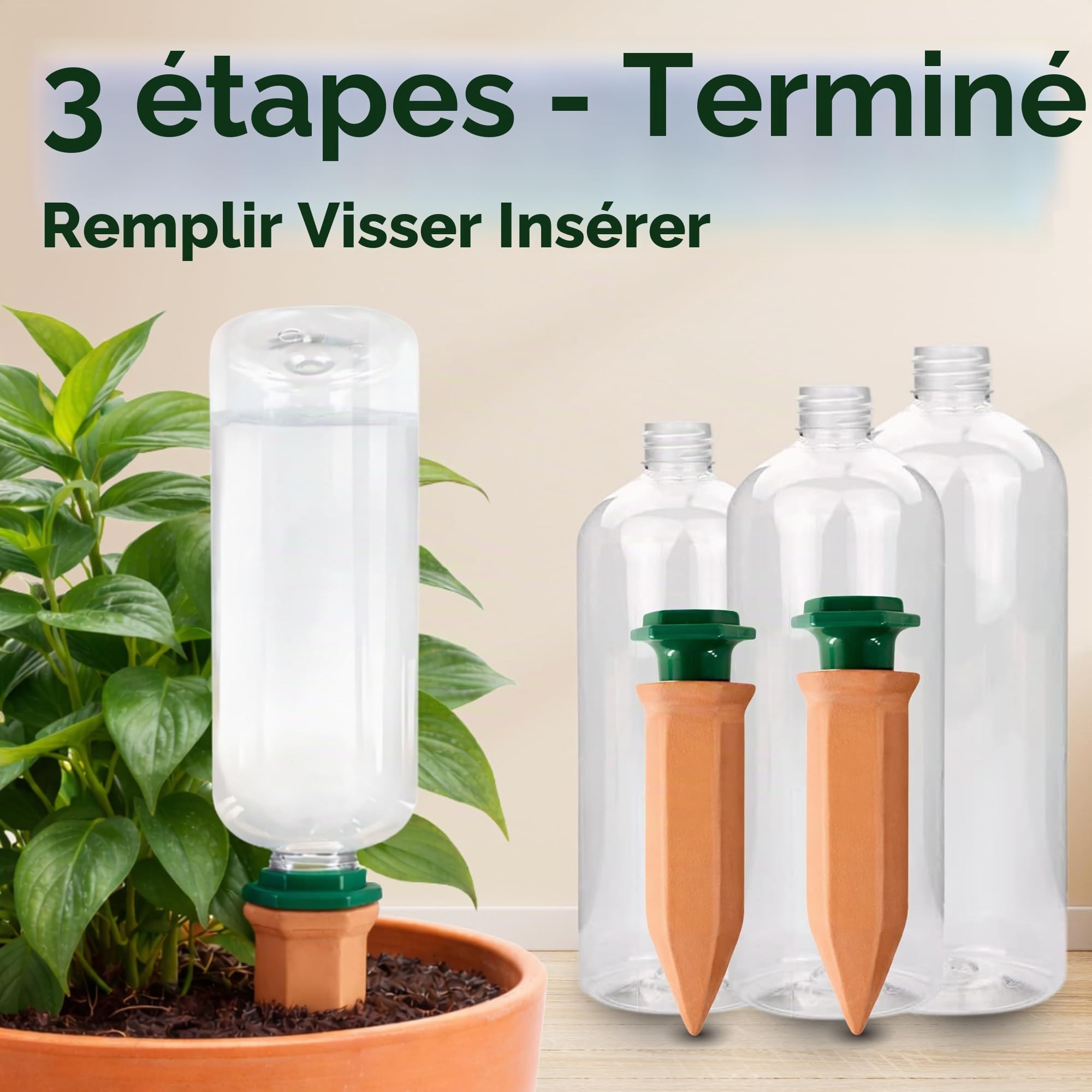 Système d'irrigation pour plantes – Lot de cônes en argile incl. adaptateurs & bouteilles en PET de 750 ml – Arrosage automatique en vacances pour plantes d'intérieur & balcon