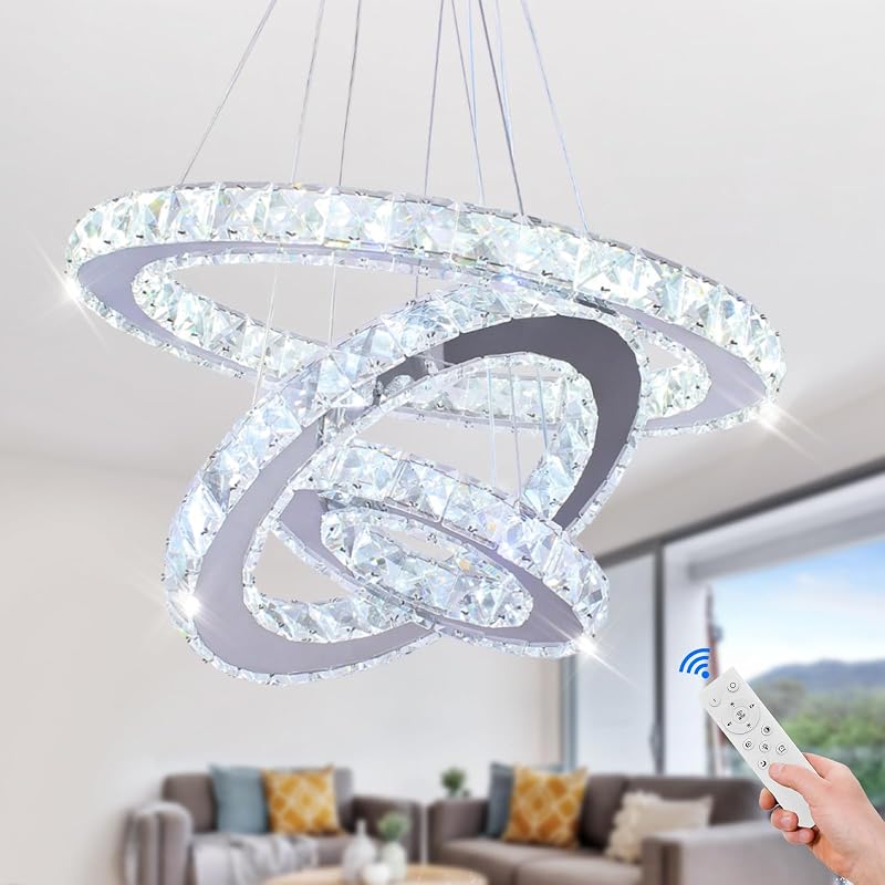 3-Ring Crystal Pendant Light, Adjustable LED, Dimmable