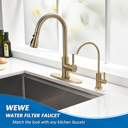 Miniatura 8 de WEWE Llave de cocina dorada cepillado con pulverizador desplegable, llave con resorte de latónacero inoxidable, un mango, con placa de cubierta,