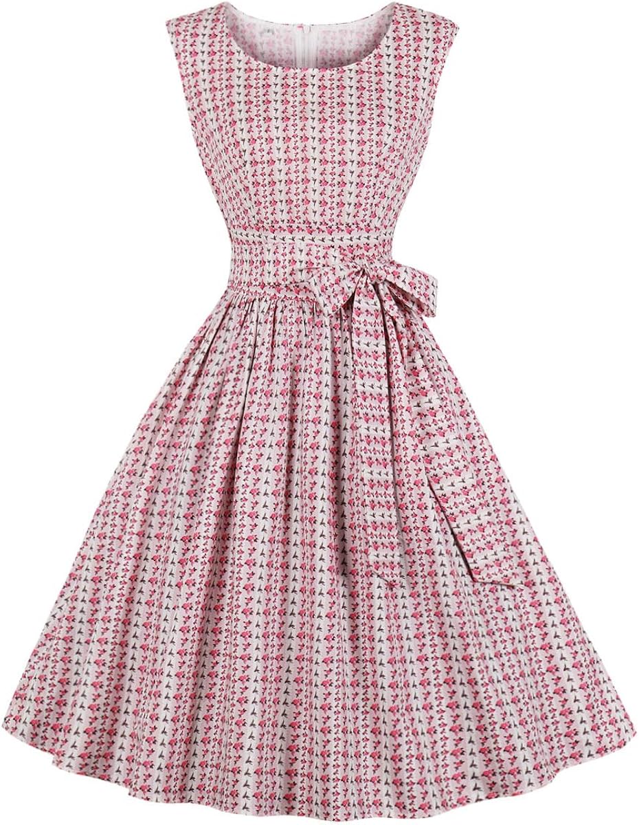LaceLady Women's Boatneck Vintage Sleeveless Tea Dress Belt Pleated Swing Party