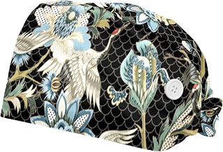Ethnic Japanese Ornament Cranes Pattern 2 Pack Adjustable Working Cap with Buttons Elastic Bouffant Hats Head Scarf with Sweatband for Women Men